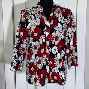 Alfred Dunner Blouse Shirt Top Womens Red 3/4 Sleeves Button Up size 10 (PETITE)